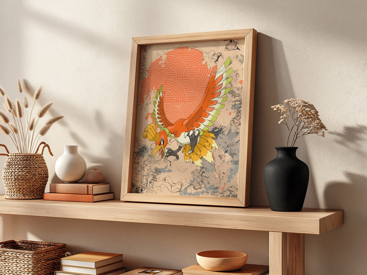 Illustration poster of Ho-oh Pokémon in vibrant red, orange, yellow and green tones with dynamic wings spread