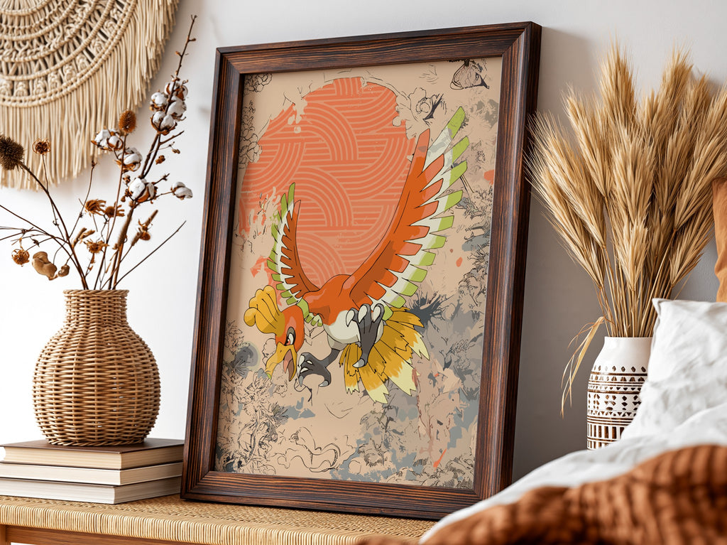 Illustration poster of Ho-oh Pokémon in vibrant red, orange, yellow and green tones with dynamic wings spread