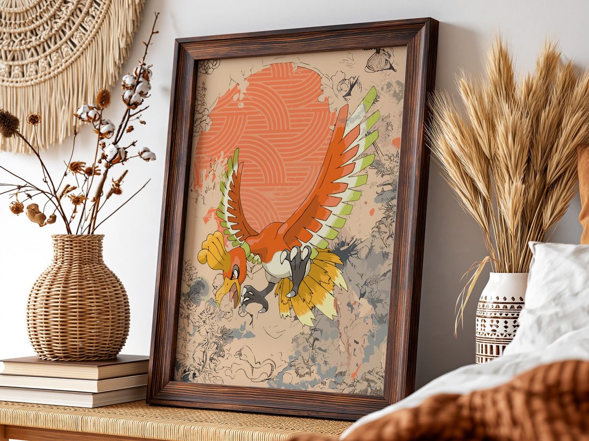 Illustration poster of Ho-oh Pokémon in vibrant red, orange, yellow and green tones with dynamic wings spread