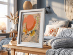 Illustration poster of Ho-oh Pokémon in vibrant red, orange, yellow and green tones with dynamic wings spread