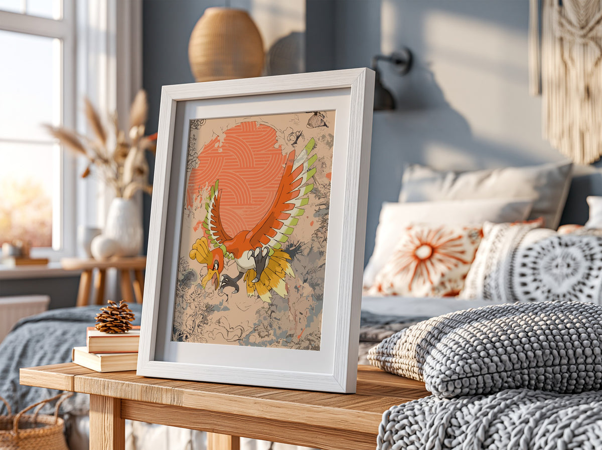 Illustration poster of Ho-oh Pokémon in vibrant red, orange, yellow and green tones with dynamic wings spread
