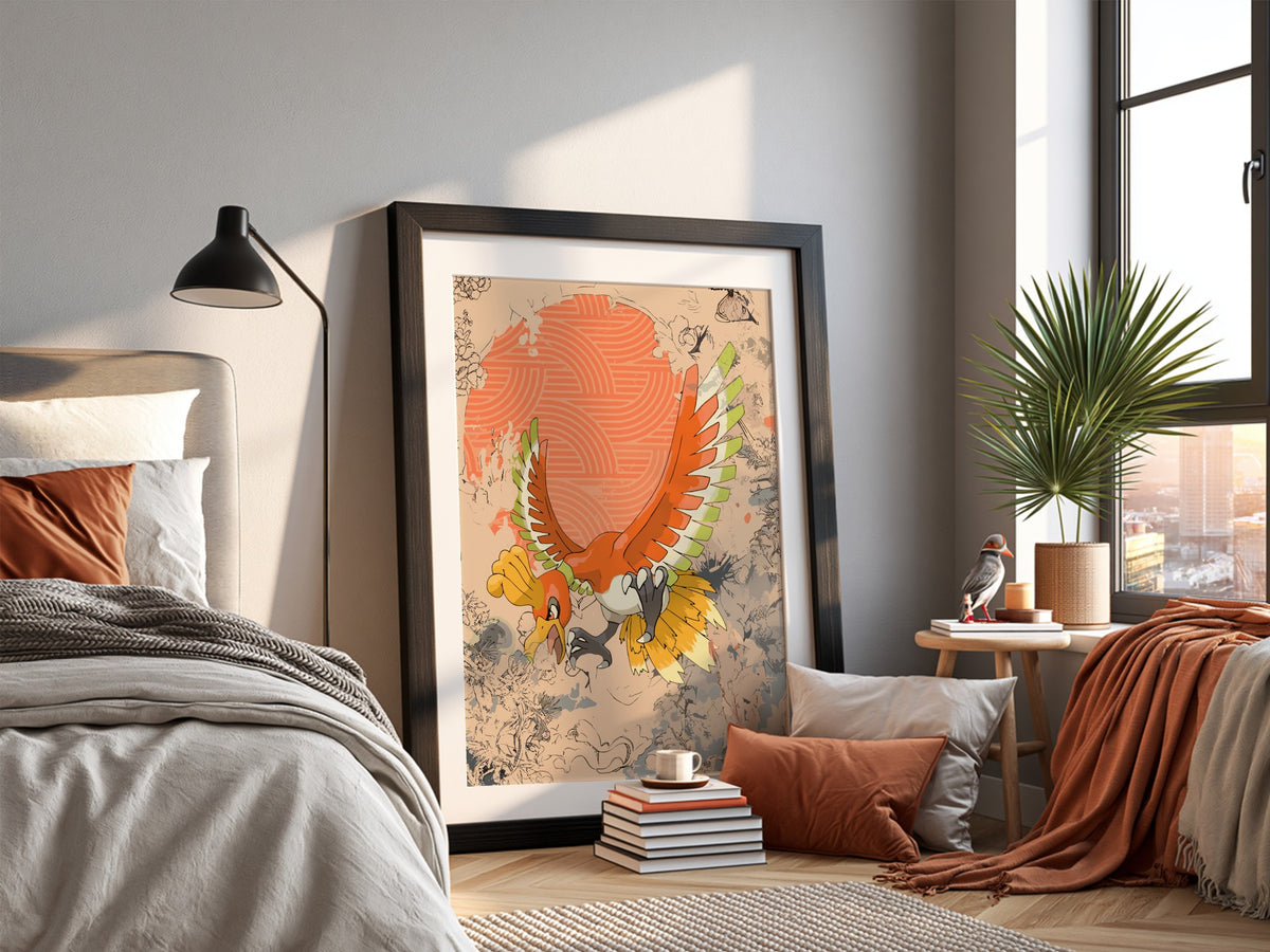 Illustration poster of Ho-oh Pokémon in vibrant red, orange, yellow and green tones with dynamic wings spread