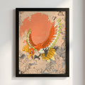 Illustration poster of Ho-oh Pokémon in vibrant red, orange, yellow and green tones with dynamic wings spread