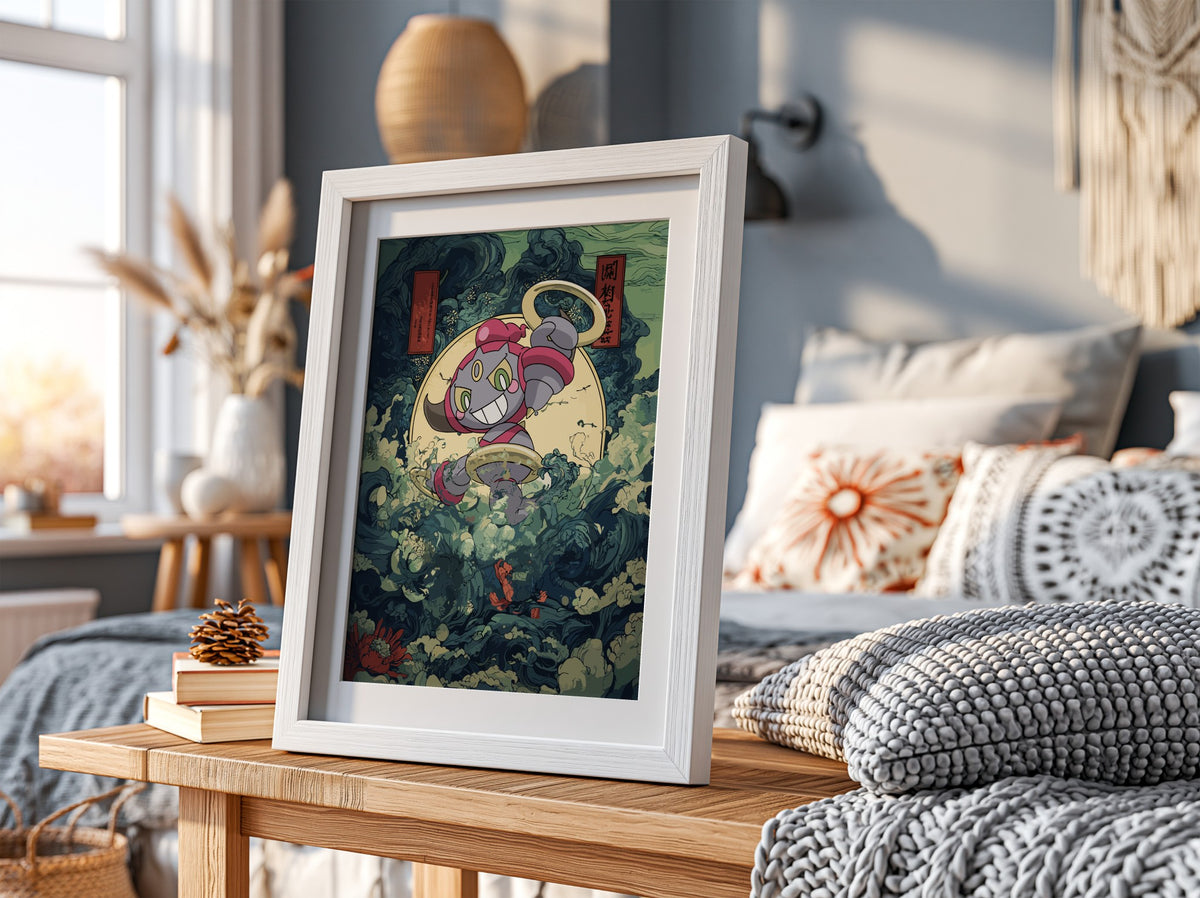 Hoopa Pokémon poster with swirling dark blue and green waves, red accents and golden rings in dynamic style