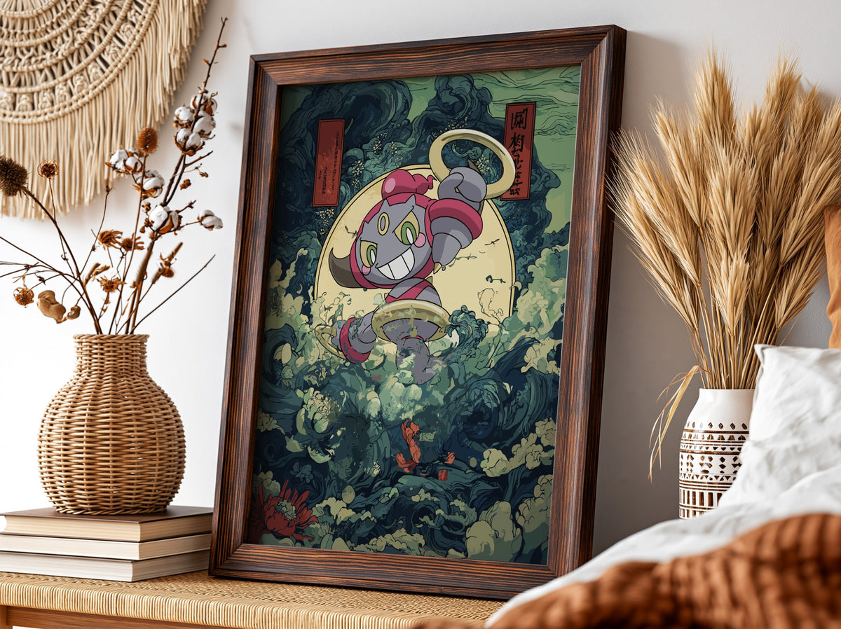 Hoopa Pokémon poster with swirling dark blue and green waves, red accents and golden rings in dynamic style