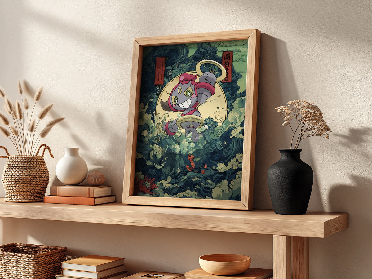Hoopa Pokémon poster with swirling dark blue and green waves, red accents and golden rings in dynamic style