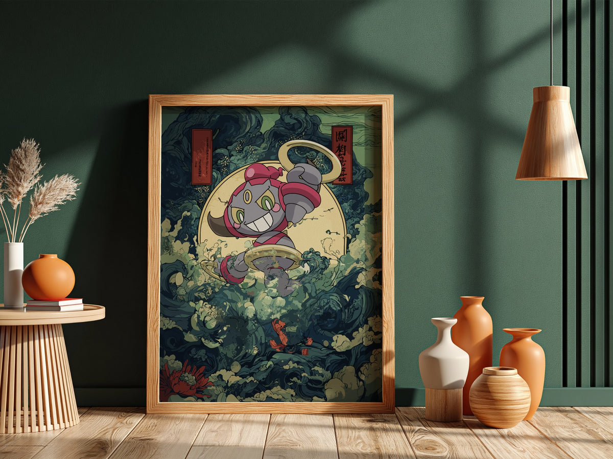 Hoopa Pokémon poster with swirling dark blue and green waves, red accents and golden rings in dynamic style
