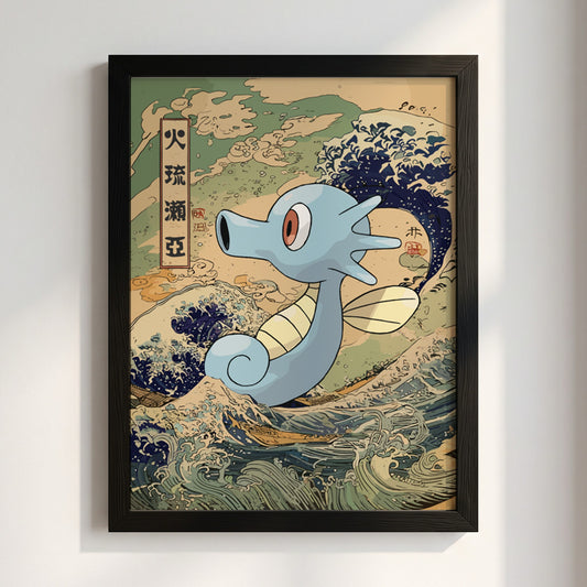 Pokemon poster featuring Horsea in soft blue with Japanese wave background in navy and green