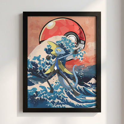 Framed poster with Inteleon character and Japanese wave in blue and red tones with Poké Ball