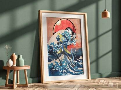 Framed poster with Inteleon character and Japanese wave in blue and red tones with Poké Ball