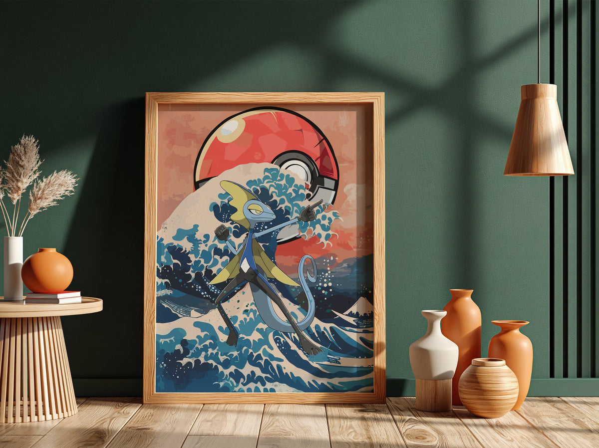 Framed poster with Inteleon character and Japanese wave in blue and red tones with Poké Ball