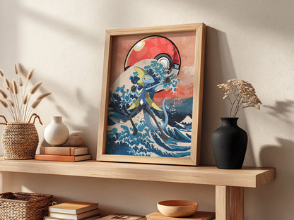 Framed poster with Inteleon character and Japanese wave in blue and red tones with Poké Ball