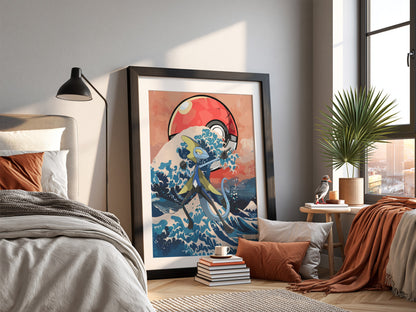 Framed poster with Inteleon character and Japanese wave in blue and red tones with Poké Ball