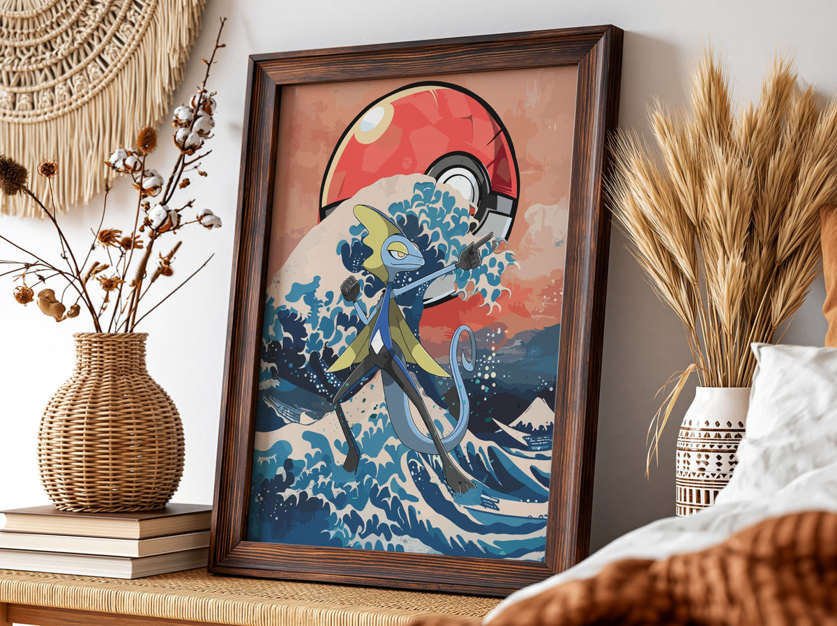 Framed poster with Inteleon character and Japanese wave in blue and red tones with Poké Ball