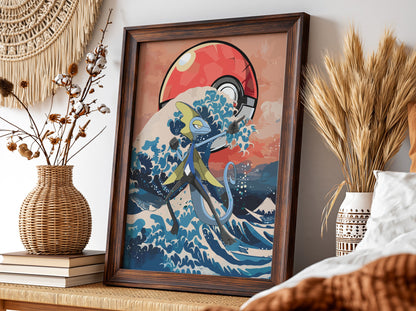 Framed poster with Inteleon character and Japanese wave in blue and red tones with Poké Ball