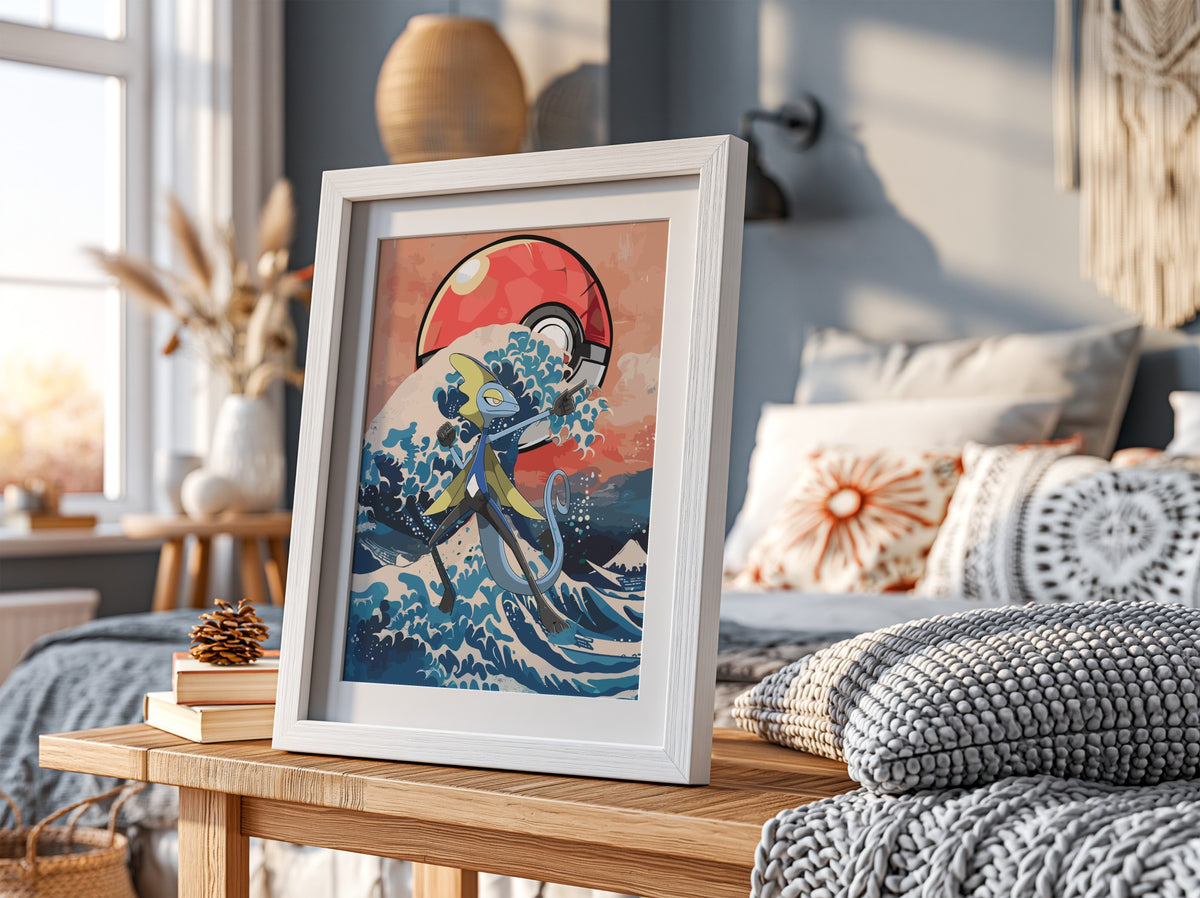 Framed poster with Inteleon character and Japanese wave in blue and red tones with Poké Ball
