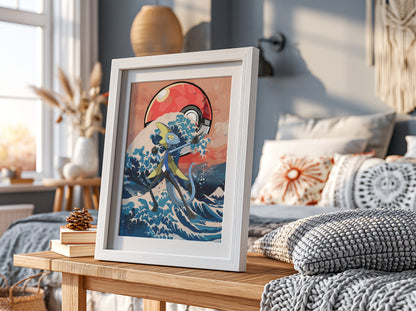 Framed poster with Inteleon character and Japanese wave in blue and red tones with Poké Ball