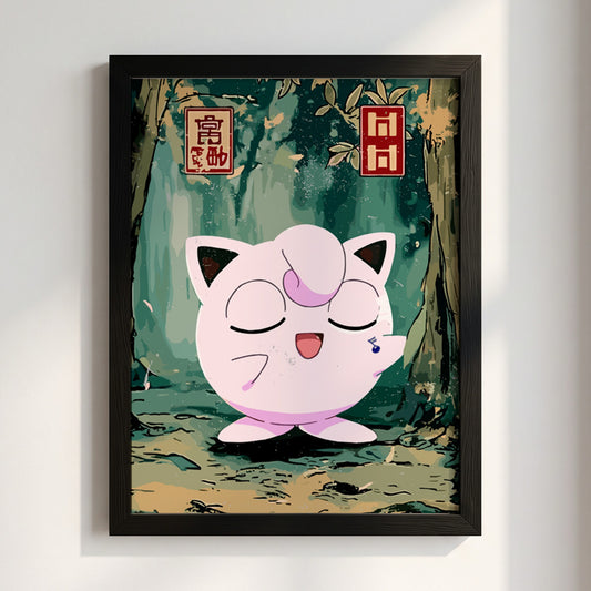 Framed Jigglypuff illustration poster with pink character singing in green forest setting