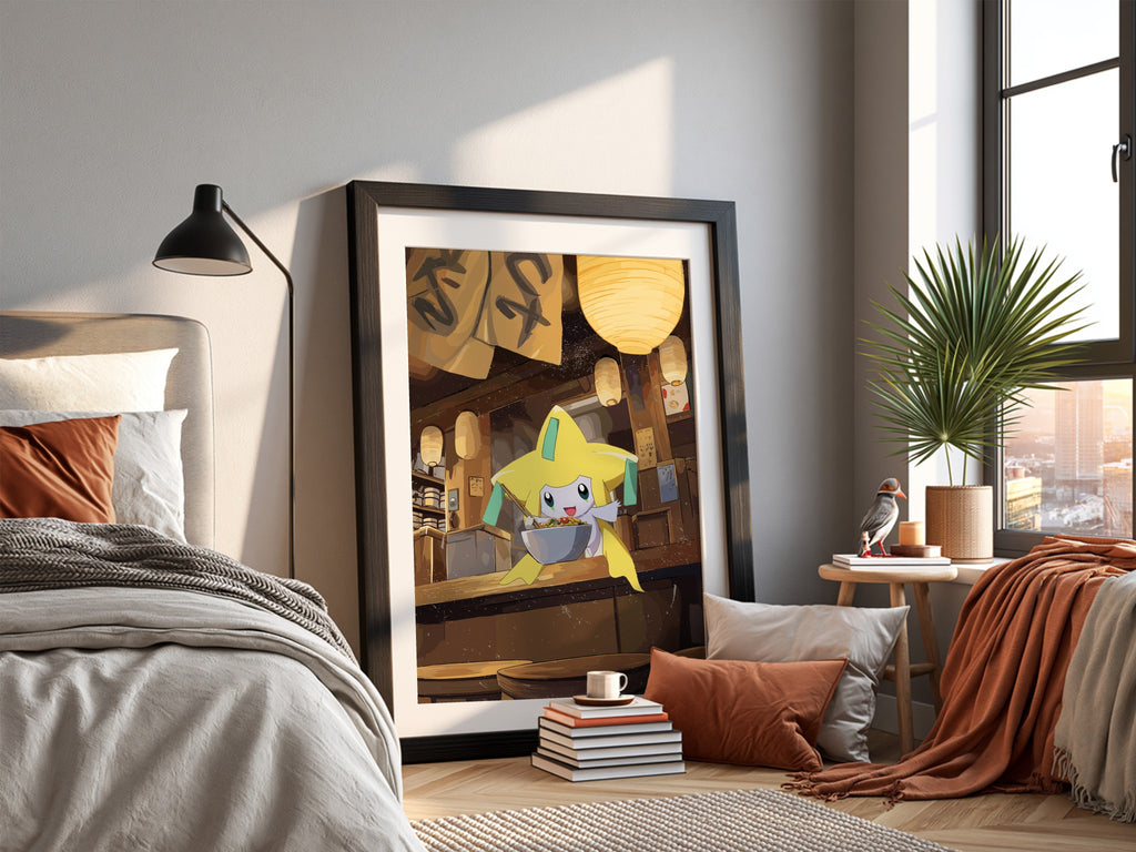 Jirachi Ramen poster with warm brown and yellow tones showing anime character eating ramen in cozy shop