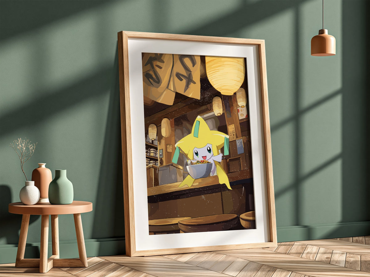 Jirachi Ramen poster with warm brown and yellow tones showing anime character eating ramen in cozy shop
