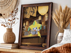Jirachi Ramen poster with warm brown and yellow tones showing anime character eating ramen in cozy shop