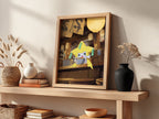 Jirachi Ramen poster with warm brown and yellow tones showing anime character eating ramen in cozy shop