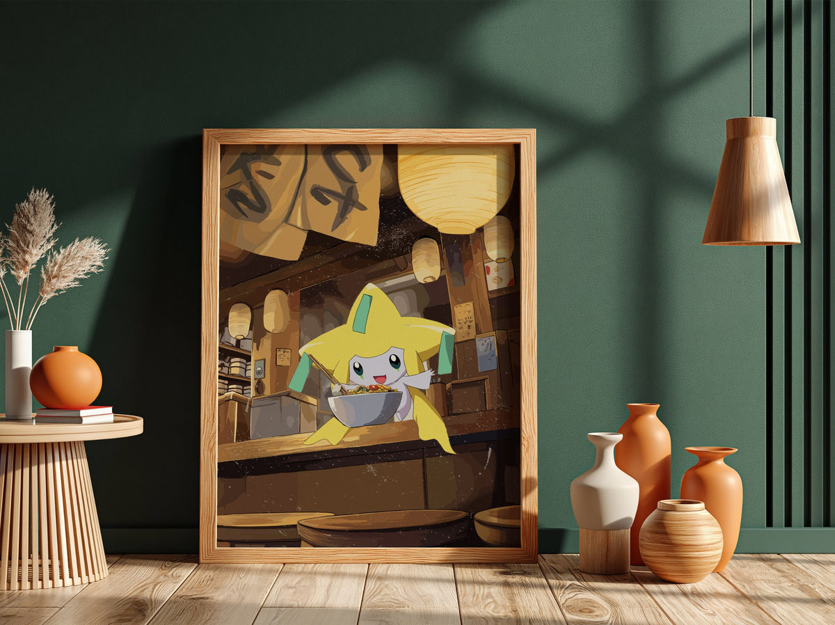 Jirachi Ramen poster with warm brown and yellow tones showing anime character eating ramen in cozy shop