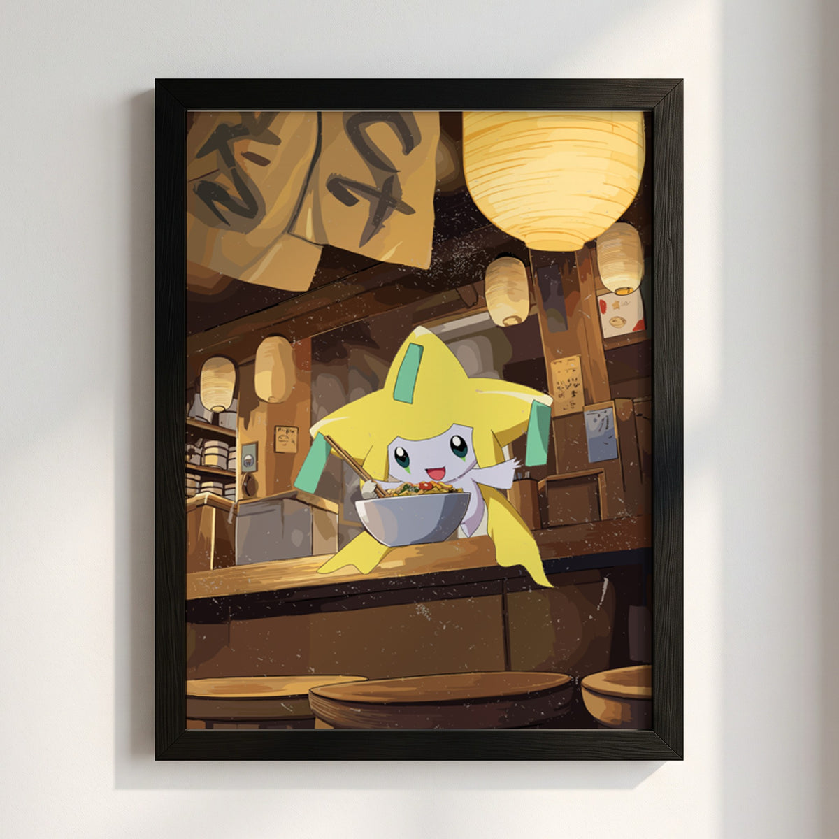Jirachi Ramen poster with warm brown and yellow tones showing anime character eating ramen in cozy shop