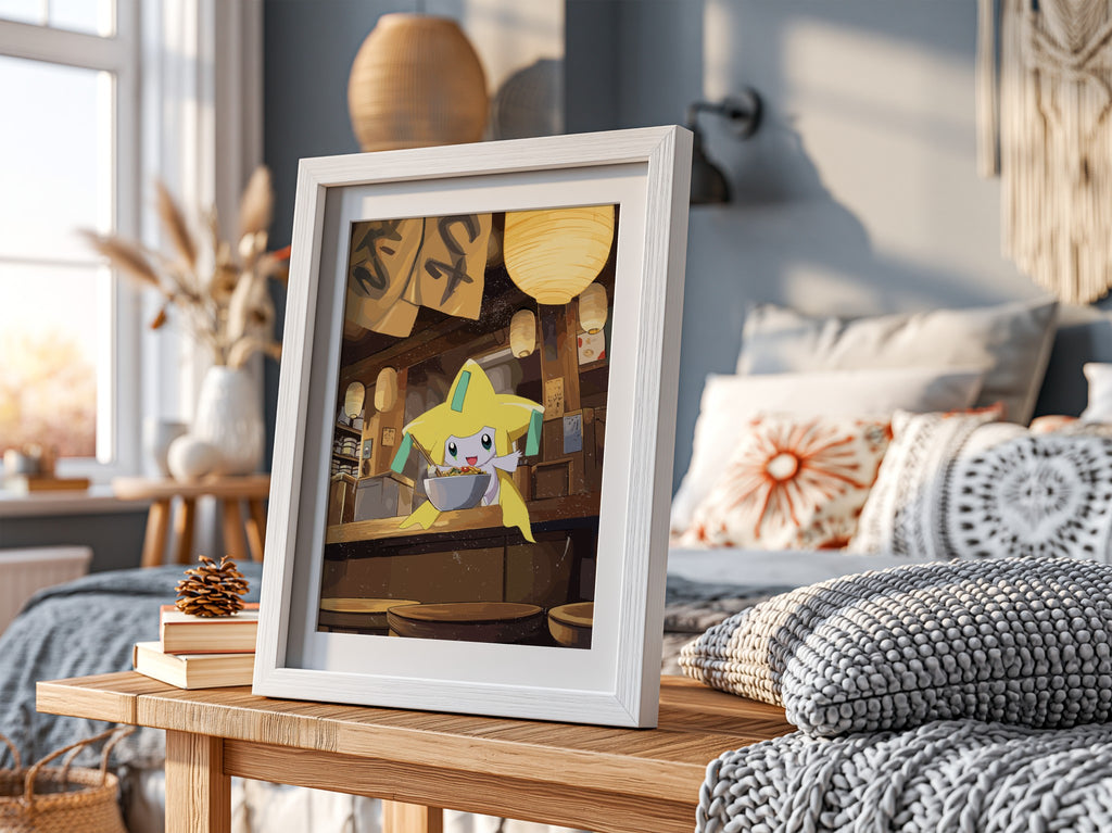 Jirachi Ramen poster with warm brown and yellow tones showing anime character eating ramen in cozy shop