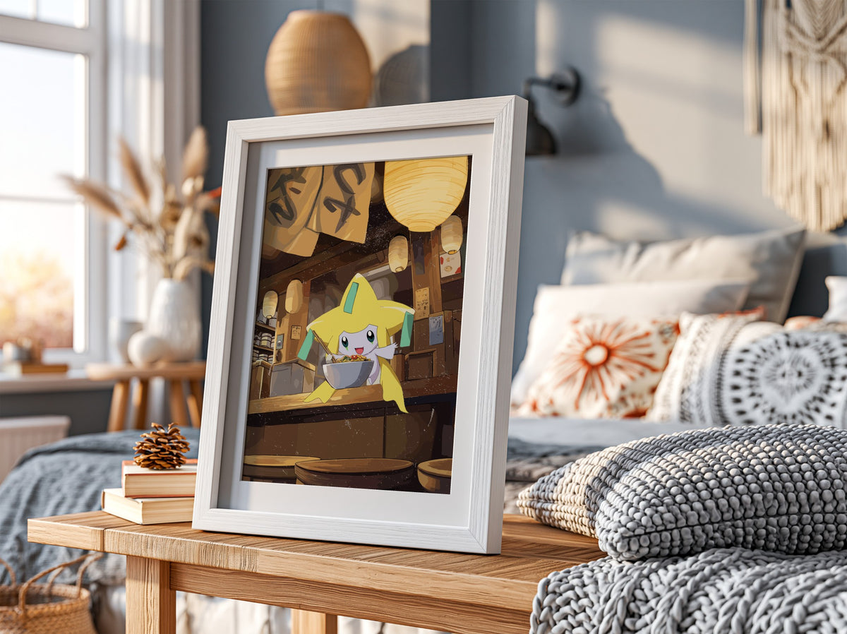 Jirachi Ramen poster with warm brown and yellow tones showing anime character eating ramen in cozy shop