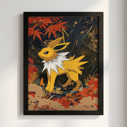 Poster of Jolteon Pokémon in bold graphic style with autumn leaves and dark forest background