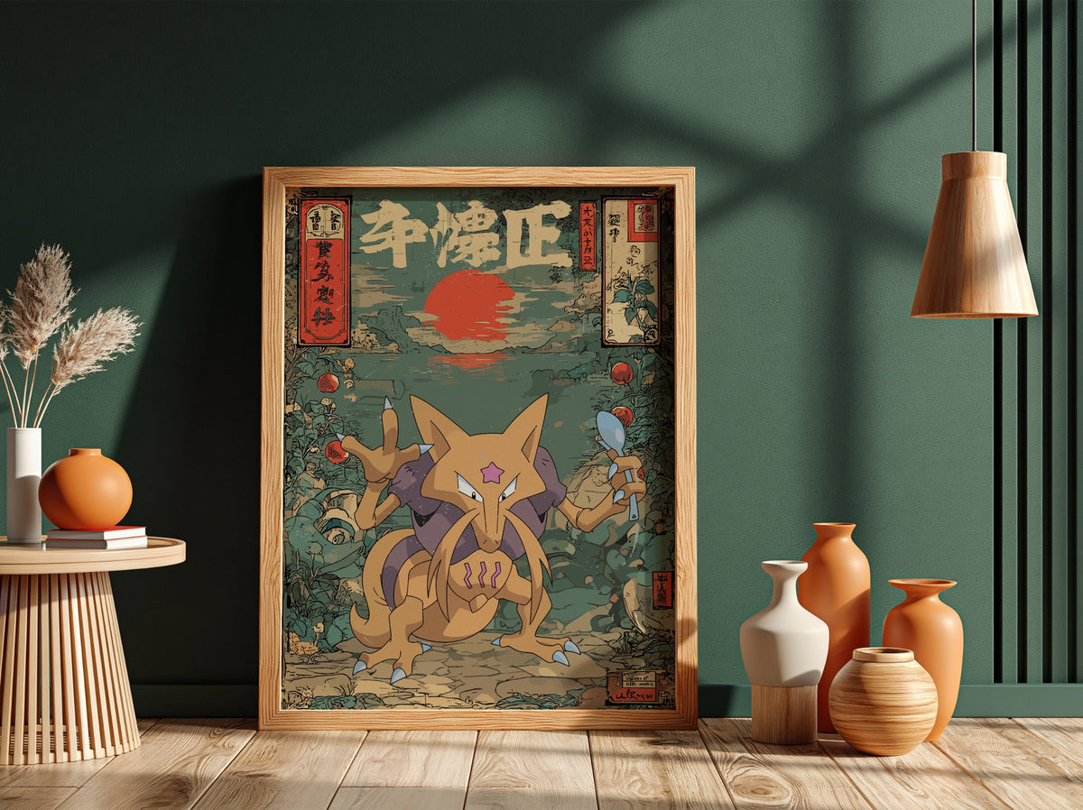 Kadabra poster with red sun, teal background, floral patterns, and Japanese style design