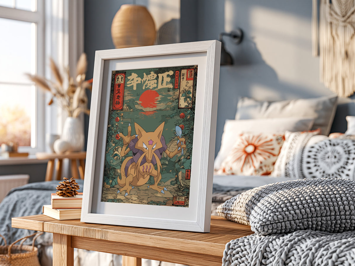 Kadabra poster with red sun, teal background, floral patterns, and Japanese style design