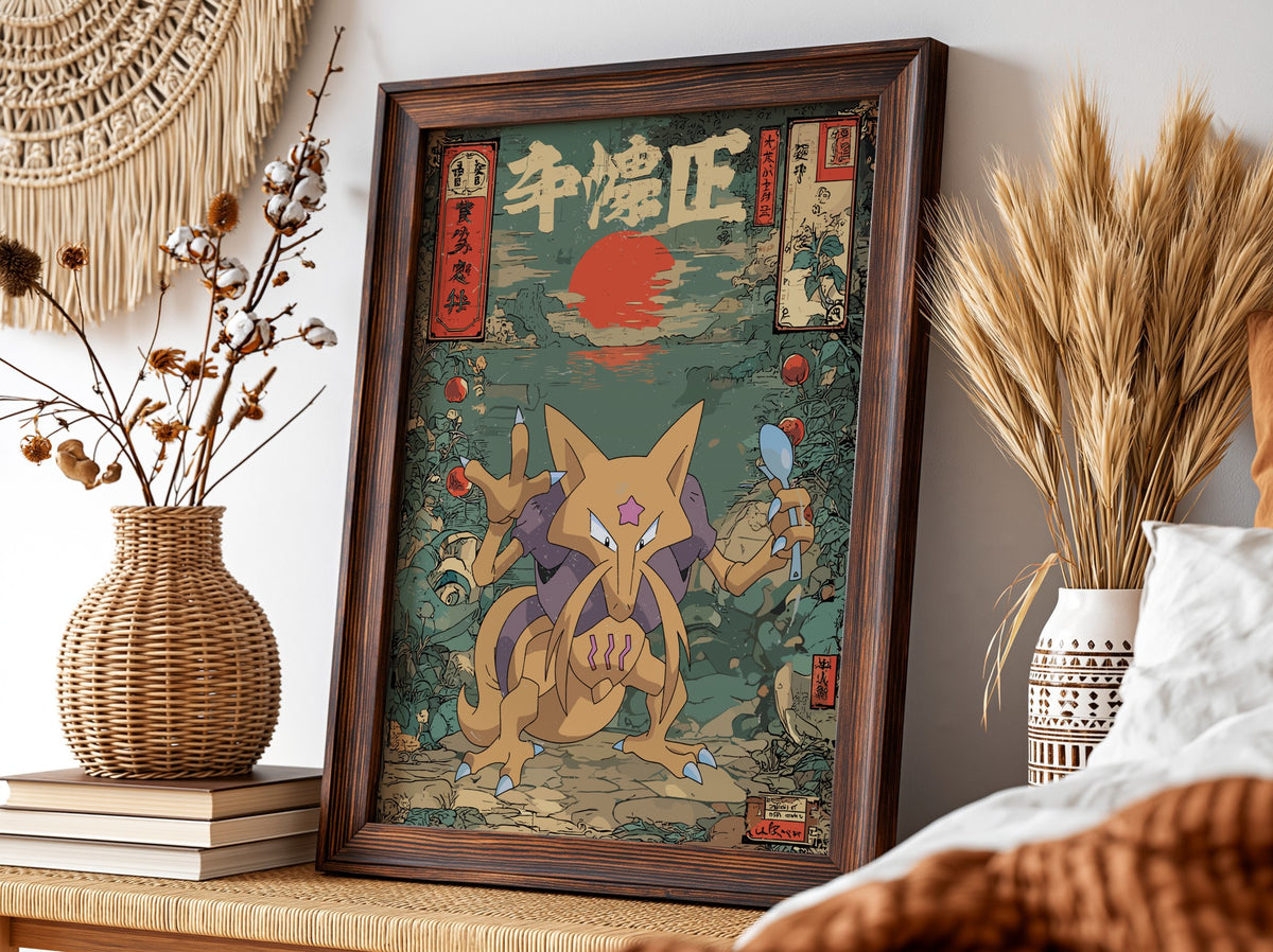 Kadabra poster with red sun, teal background, floral patterns, and Japanese style design