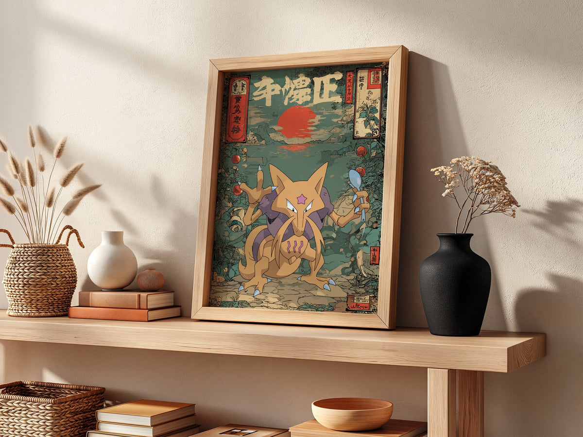 Kadabra poster with red sun, teal background, floral patterns, and Japanese style design