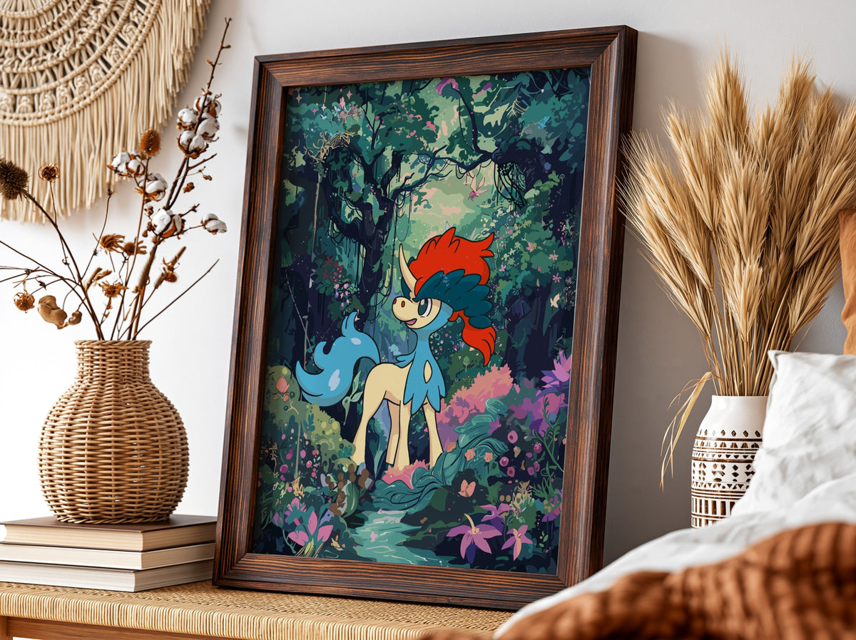 Poster of Keldeo in vibrant forest with red mane, blue tail, and fantasy illustration style
