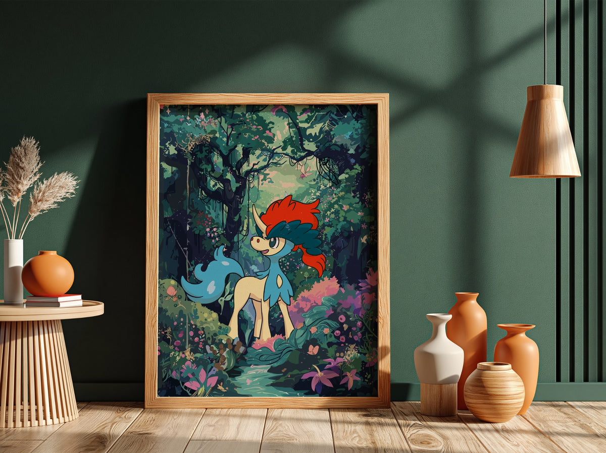 Poster of Keldeo in vibrant forest with red mane, blue tail, and fantasy illustration style