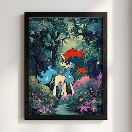 Poster of Keldeo in vibrant forest with red mane, blue tail, and fantasy illustration style