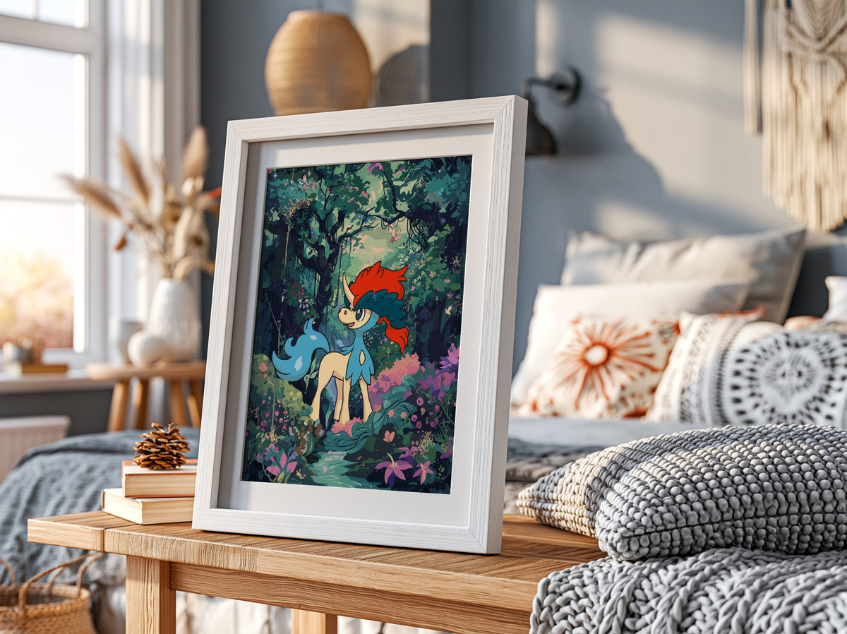 Poster of Keldeo in vibrant forest with red mane, blue tail, and fantasy illustration style