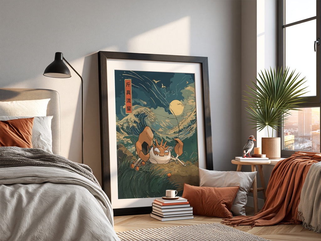 Pokémon poster featuring Kingler crab with large claws in vintage style waves under full moon