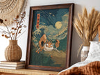 Pokémon poster featuring Kingler crab with large claws in vintage style waves under full moon