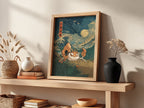 Pokémon poster featuring Kingler crab with large claws in vintage style waves under full moon