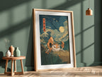 Pokémon poster featuring Kingler crab with large claws in vintage style waves under full moon