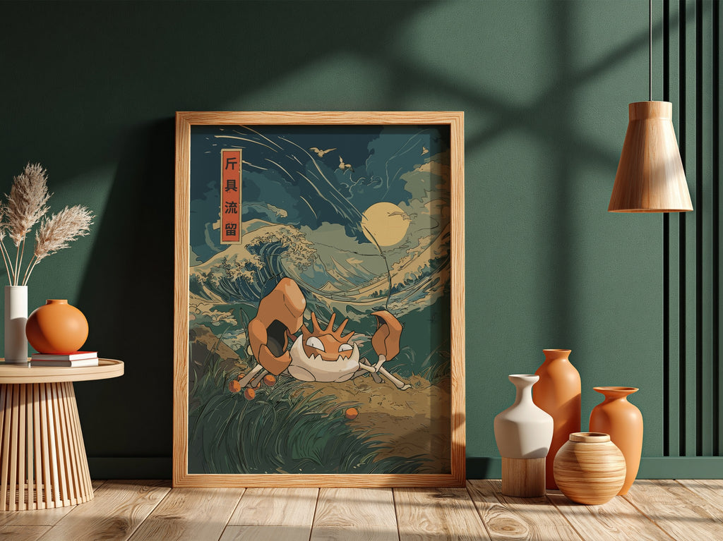 Pokémon poster featuring Kingler crab with large claws in vintage style waves under full moon