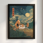 Pokémon poster featuring Kingler crab with large claws in vintage style waves under full moon