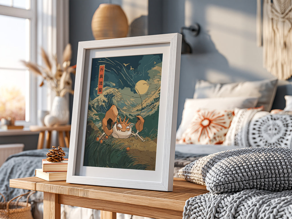 Pokémon poster featuring Kingler crab with large claws in vintage style waves under full moon