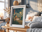 Pokémon poster featuring Kingler crab with large claws in vintage style waves under full moon