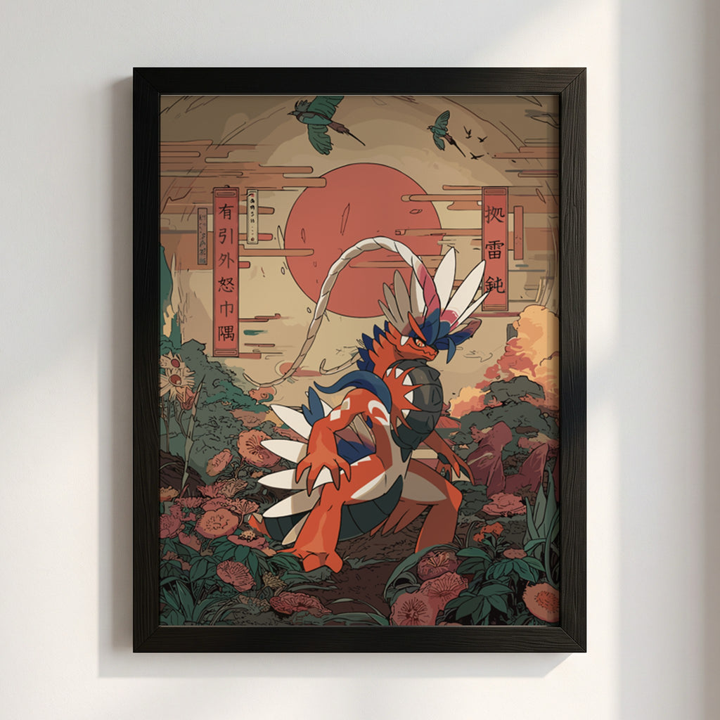 Poster of Koraidon character in Japanese style with red sun, floral background, and birds