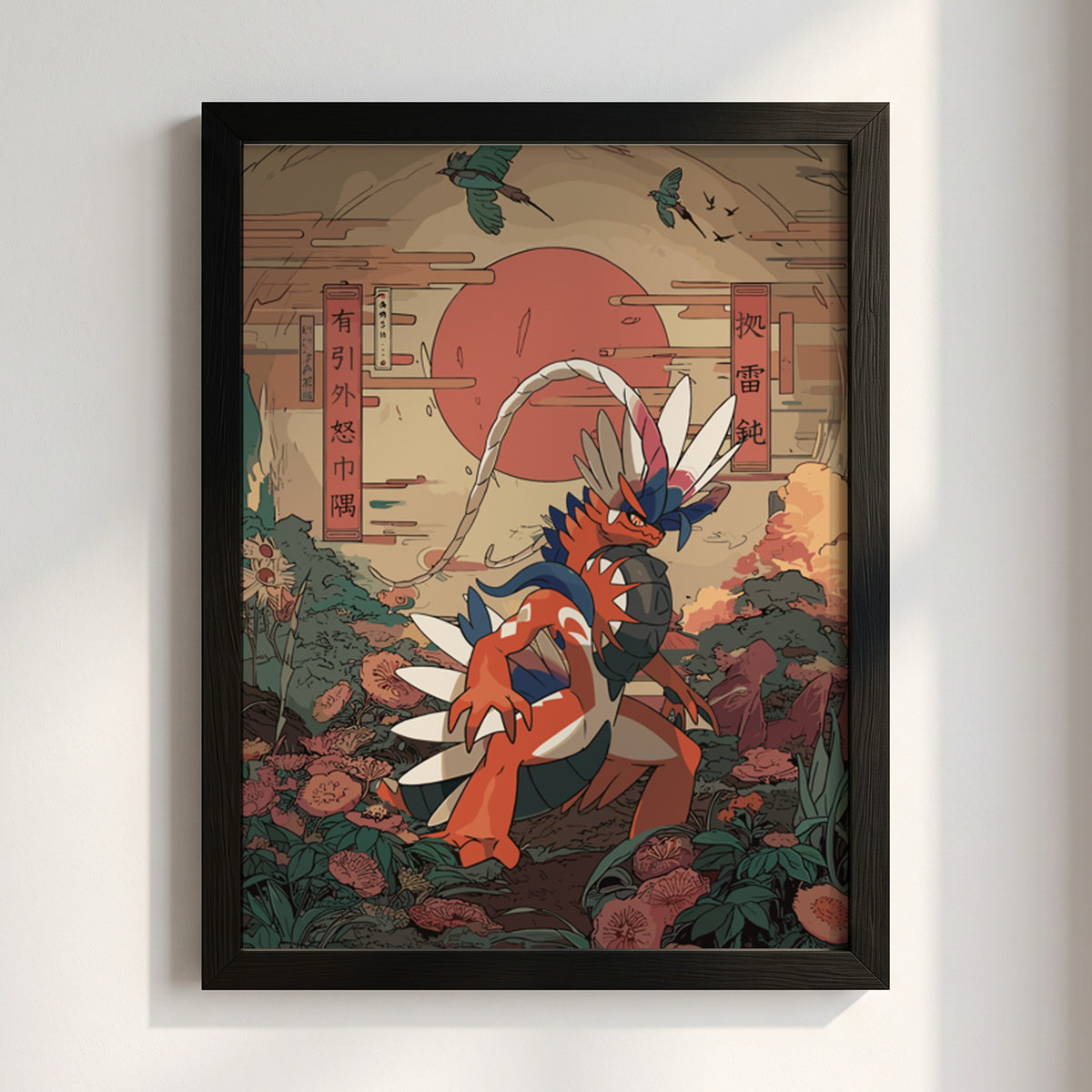 Poster of Koraidon character in Japanese style with red sun, floral background, and birds