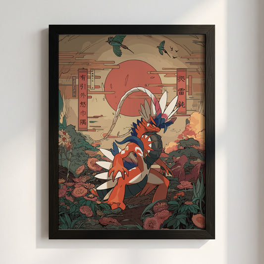 Poster of Koraidon character in Japanese style with red sun, floral background, and birds